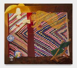 painting of a patterened carpet on a wood floor, lit by a lamp in the top left corner. Two blue and white plates are on the carpet's lower left side, one with oranges and a peeler; beside it, a crystal glass. At the lower right is a green chair. Across the top of the rug stretches a naked woman, reading, her feet tied with the line of a telephone.